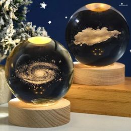 Decorative Figurines 3D Crystal Ball Planet Galaxy Night Light Laser Engraved Solar System Globe Astronomy Gift LED Bedside Lamp Table Decor