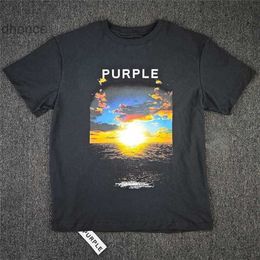 Designer Mens T-shirt Purple Brand Casual Cotton Short Sleeve Loose Round Neck Illustration Sunset Black