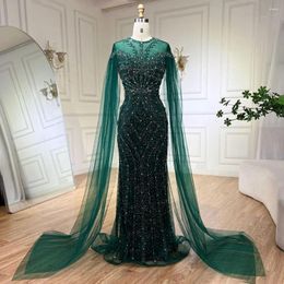 Party Dresses Serene Hill 2024 Dubai Arabic Green Mermaid Elegant Cape Sleeves Beaded Luxury Evening Gowns Women Wedding LA72437