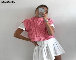 MosiMolly Pretty Pink Sweater Vest Women Cable Knit Sleeveless Knits Jumper Pullovers Sweater Cropped Tank5768944