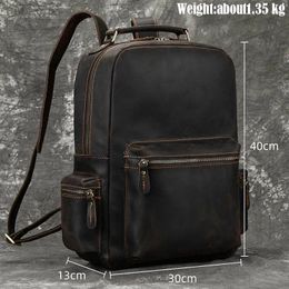 Backpack Crazy Horse Genuine Leather Men Vintage Cow Women Daypack 14" Laptop School Bags Casual Thick Travel Rucksack