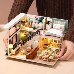 Blocks CUTEBEE-DIY Wooden Doll House Kit Modern Mini with Furniture Lights Magic Toys Birthday Gifts H240523