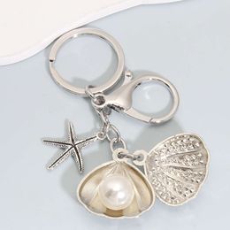 Fashion Pearl Starfish Shell Alloy Keychain Sier Colour Sea Key Chains For Making Handmade DIY Jewellery Accessories Findings