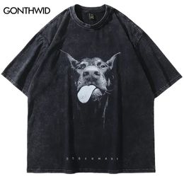Men Streetwear Hip Hop Oversized T Shirt Funny Doberman Dog Graphic T-Shirt Vintage Washed Black Tshirt Harajuku Tee Cotton 240523