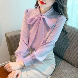 Women's Blouses Purple Woman Bow Chiffon Shirt Spring And Autumn 2024 Top Design Sense Long Sleeve Shirts