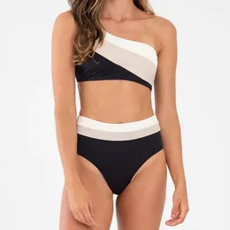 Women's Swimwear Swimsuit Multi-color Panel High-waisted One-shoulder Bikini Bathing Suit Sexy Bikinis 2024 Beach Style For Girl Women