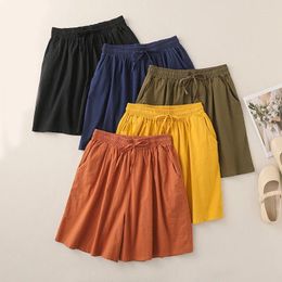 Women's Shorts Cotton Linen High Waist Wide Leg Summer Retro Artistic Large Loose Plus Size Lace-up Casual Straight Pants