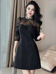 Casual Dresses Fashion Black Formal Occasion Short Evening Dress Women Ladies Clothes Luxury Chic Sexy Sheer Slim Mini Party Mujer Vestidos