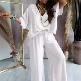 Women's Suits Blazers 2023 V-neck Bat Sleeve Casual Loose Wide Leg Pants Set for Women QOMB