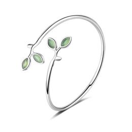 Bangle Fresh green opal leaves womens open buckle womens wedding birthday gift 925 silver Jewellery Q240522