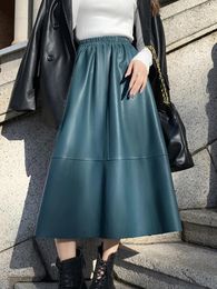 Skirts QOERLIN Soft PU Faux Leather Black Midi Skirt Green High Waist A-Line Big Hem Y2K Pocket Elastic Saias