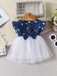 Girl Dresses Summer Baby Cotton Ruffle Sleeve Love Printed Bow Patchwork Mesh White Dress Princess Formal For Kids 3-24M