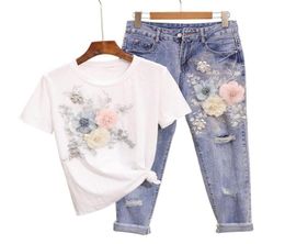 Two Piece Dress Casual Suits Top And Pants Women Embroidery 3D Flower Tshirts Jeans 2pcs Clothing Sets Summer Short Sleeve Tshir3918525