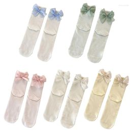 Women Socks Ribbon Bowknot Cotton Solid Color Ruffle Middle Tube