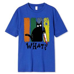 Men's T-Shirts Cute Black Cat What With Knife Creative Design Personality Print Men T-Shirts Cotton Short Sleeve Shirt Loose T-Shirt Tops Y240522