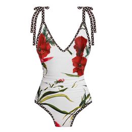 Women's Swimwear Fashion V-neck Suspenders Floral Print One-piece Swimsuit Sexy Open Back Slim Beach Swimwear Tie New Bathing Suit2024 T240523