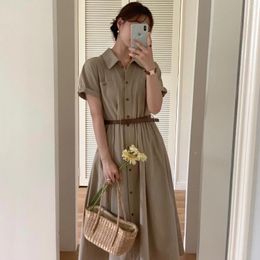 Party Dresses Coigarsam Women Dress Summer 2024 Casual Brief Belt Solid Short Sleeve Puff Single Breasted White Khaki