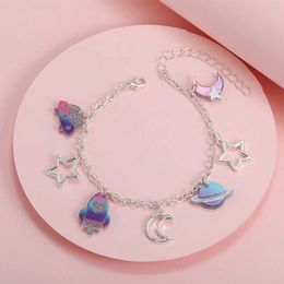 Jewellery Bangle Handmade Moon Star Planet Spaceship Acrylic Zinc Alloy Charm Bracelet Suitable for Children and Girls Birthday Party Jewellery Gifts WX5.21