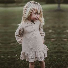 Autumn Children's Shirt Collar Long-Sleeved Dress Vintage Double-Layer Ruffled Cotton And Linen Pullover Cute Baby Girl Dresses L2405