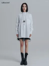 Women's Polos Cakucool Korean Pure White Loose Stand Collar Mid Dress Long Sleeve Cotton Comfortable Simple Casual Normcore Blouse