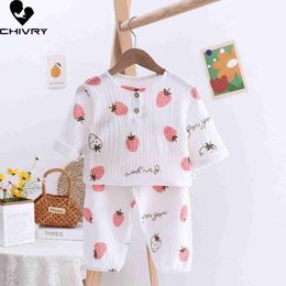 Pyjamas Pyjamas Childrens boys and girls Pyjamas 2023 summer cotton thin cartoon print three quarter sleeved top with pants baby Pyjamas WX5.21