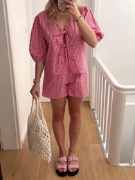 Women's Tracksuits Women Shorts Set Plaid Outfit Casual Short Sleeve V Neck Tie-up Tops Shirt With Elastic Waist Summer Two Piece