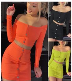Women Sexy Off Shoulder Long Sleeve Mini Bodycon Dress Suit Outfits Strapless Crop Tops Short Skirt Party Matching Sets6609652