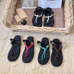 2024 Sandals de grife femininas Riviere Sandálias de cordão de algodão Sandals Rhinestone Summer Slides de praia verde de nylon vermelho de nylon lapidado