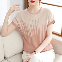 Women's Blouses Summer Short Sleeved Ice Silk T-shirt Women Fashion 2024 Loose O Neck Casual Knit Blouse Print Beading Elegant Tops 27043