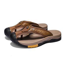 Big Size 38-46 Summer Cool Head Layer Cowhide Slippers for Men Shoes Genuine Leather Flip Flops Antiskid Sandals 240518