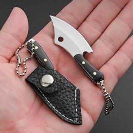 Camping Hunting Knives Mini wooden handle knife outdoor camping unboxing with chain portable EDC key knife with leather sheath chain Q240522