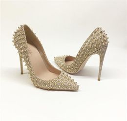 Casual Designer fashion women shoes gold glitter spikes point toe stiletto stripper slingback high heels for Prom Evening pumps la8040870