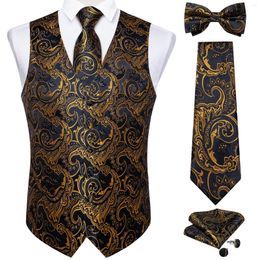 Men's Vests Luxury Golden Black Paisley Silk Men Suit Vest Tie Set Wedding Prom Tuxedo Waistcoat With Bow Groom Clothing