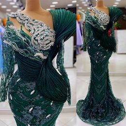2024 Aso Ebi Dark Green Mermaid Prom Dress Crystals Beaded Lace Evening Formal Party Second Reception 50th Birthday Engagement Thanksgiving Gowns Dresses ZJ115