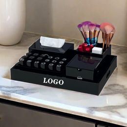 Luxury Black Storage Box Classic Logo Printed Acrylic Box Women's Beauty Products Cosmetic Brush Lipstick Storage Box Desktop Remote Control Storage Tray