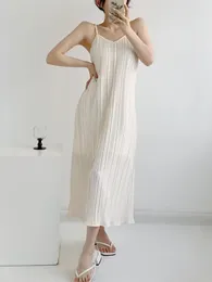 Casual Dresses Summer Loose Over-the-knee Suspender Elegant Dress Female V-neck Sexy Inside Wear Temperament White Pleated Sleeveless