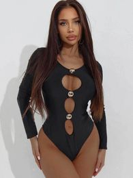 Women's Swimwear Sexy Long Sleeve Women Black Hollow Out Button Pool One Piece Swimsuit 2024 Summer Bathing Suit Slim Monokini Beachwear