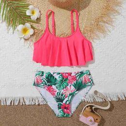Two-Pieces Two-Pieces 7-12 year old girl high waisted pleated swimsuit summer beach childrens swimsuit printed Biquini youth swimsuit pink bikini set WX5.22