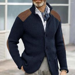 Men's Sweaters Single-breasted Cardigan Stylish Knitted Sweater Thick Lapel Patchwork Design Soft Elastic Winter Coat