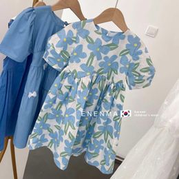 Summer Lolita Blue Floral Kids Clothes Girls Casual Elegant Children Dresses For Teens Party Fairy Princess Sundress Ball Gown L2405