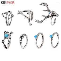 Cluster Rings Vintage Ethnic Men Ring Set Fashion Jewellery Boho Lovely Retro Silver Colour Animal Dear 7pcs For Women Accessories Gift