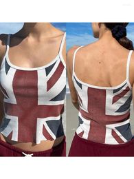 Women's Tanks Women Spaghetti Strap Union Jack Cami Top Sleeveless U Neck Low Cut Basic Fitted Crop Tank British Flag Print Camisole Vest