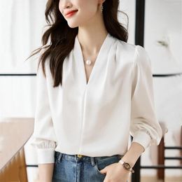 Women's Blouses Korean V-Neck Shirts & Stain Women Blouse Office Lady Shirt Summer Solid Colour Elegant Tops Blusas Casual Camisas