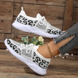 Casual Shoes Autumn Leopard Print Knitted Sneakers Women Fashion Low-cut Lace-up Sport Breathable Platform