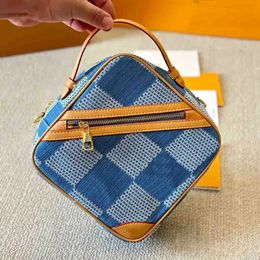 Women Makeup Bag Dice Square Shoulder Bags Denim Blue Dressing Box Purse Designer Wallet Gold Hardware Evening Clutch Tote bag Mini handbag 20CM