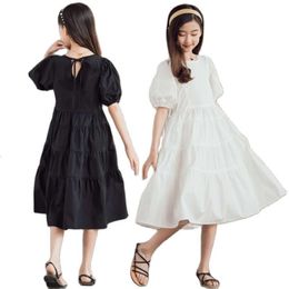 Black/White Cotton Dresses Korean Kids Solid Short Puff Sleeve Princess Midi Dress For Teenager Girls 12 13 14 15 16 Years L2405