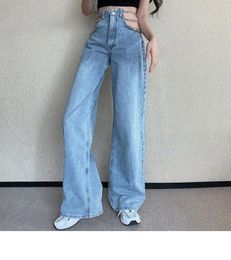 Women's Jeans 2024 Spring/ Autumn Personality Loose Mopping Pants Chain Cut Hollow Waist Design Straight Women's Wide Leg