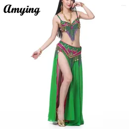 Stage Wear Sexy Bra Belt Double Split Colour Ding Skirt Dance Practise Suit Women Belly Dress Ladies Performance Costume Set