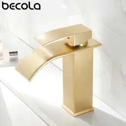 Bathroom Sink Faucets Becola Brush Gold Stainless Steel Basin Faucet Waterfall Spout Tap Deck Mount Single Handle Cold Water Mixer
