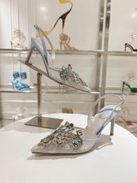 New Elegant Rene Caovilla Veneziana Designer Womens Sandals Shoes Pointed Toe Slingback Heel Crystal embellishment Lady Pumps White Blue Stiletto Heels Sandal